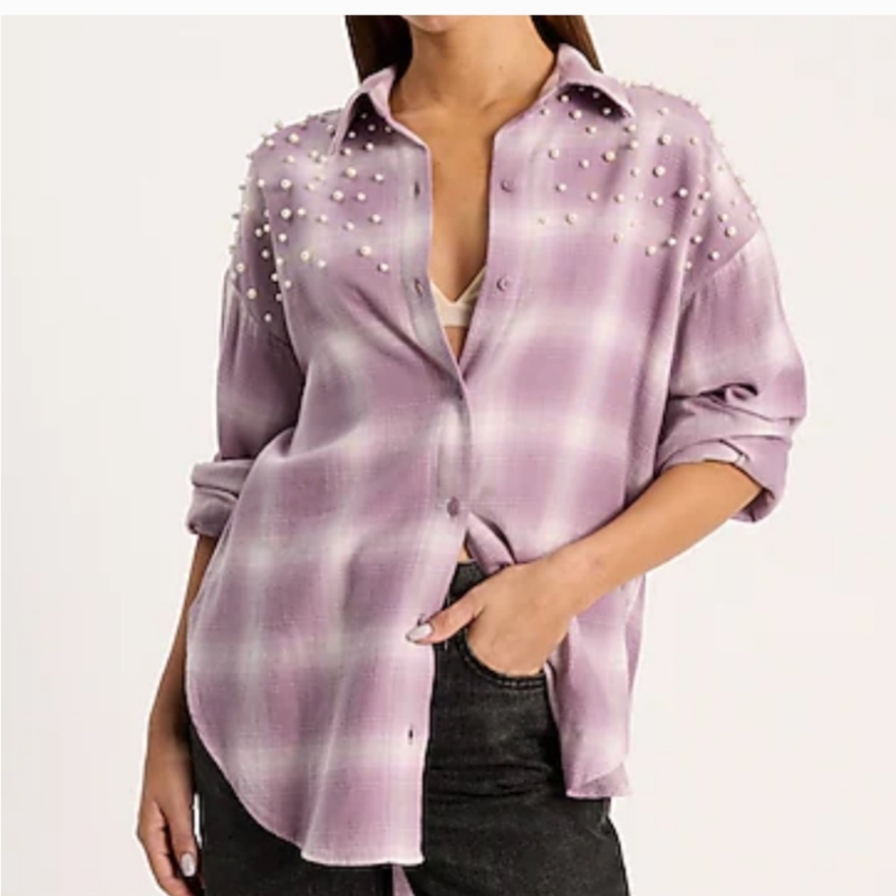 Express Pearl Embellished Boyfriend Portofino Shirt size Small Purple